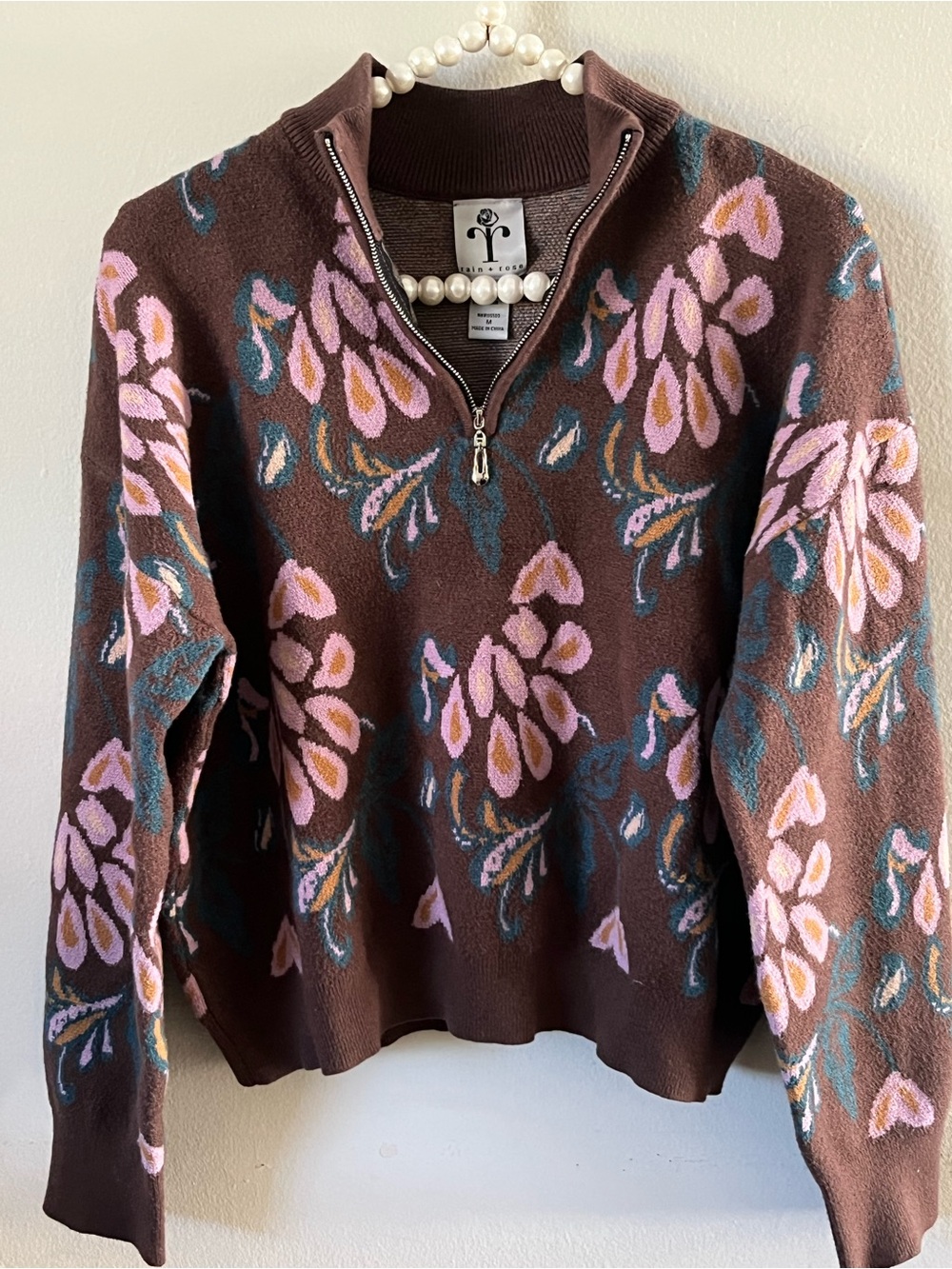 Rain + Rose Brown Floral Quarter Zip Pullover Sweater Medium
